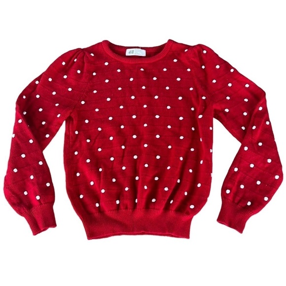 H&M Textured Knit Sweater 6X/7 Red White Polka Dots Puff Sleeves GUC - Picture 1 of 4